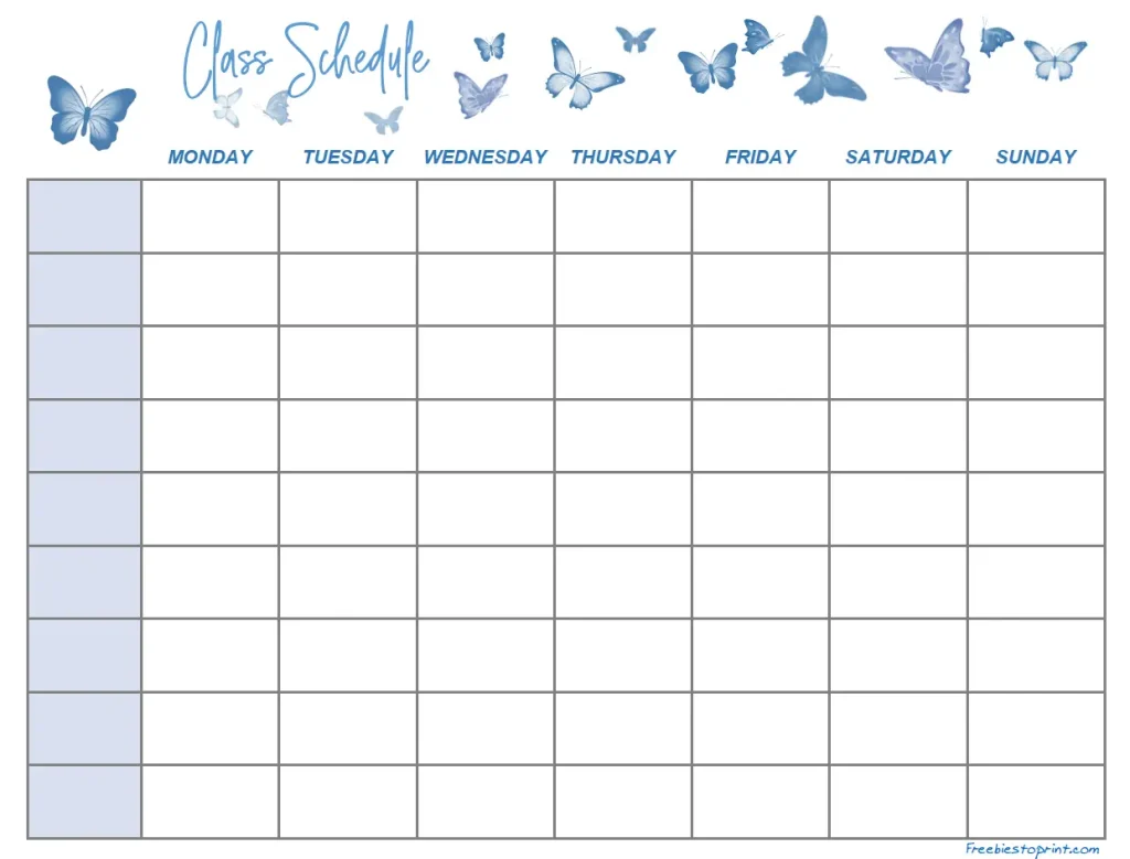 weekly schedule is decorated with blue butterflies