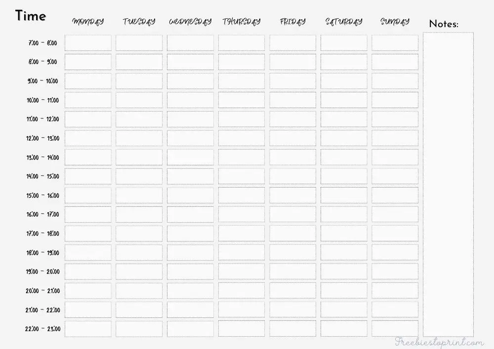 Weekly schedule template from 7 to 23