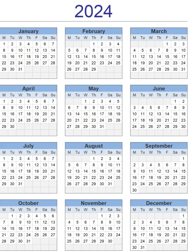 Free Yearly 2024 Calendar Printable - FreebiestoPrint