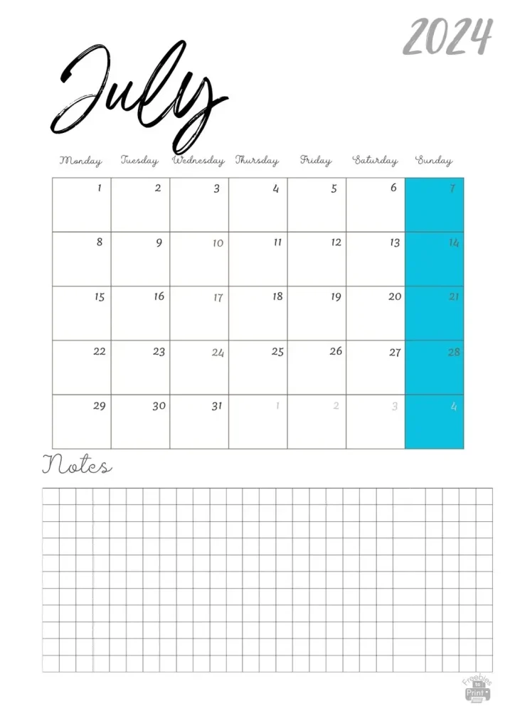 2024 Monthly Calendar & Week planner - July